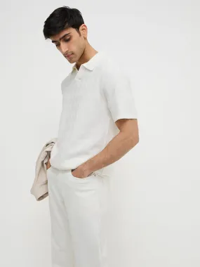 Ascot Off-White Self Relaxed-Fit Cotton Polo T-Shirt