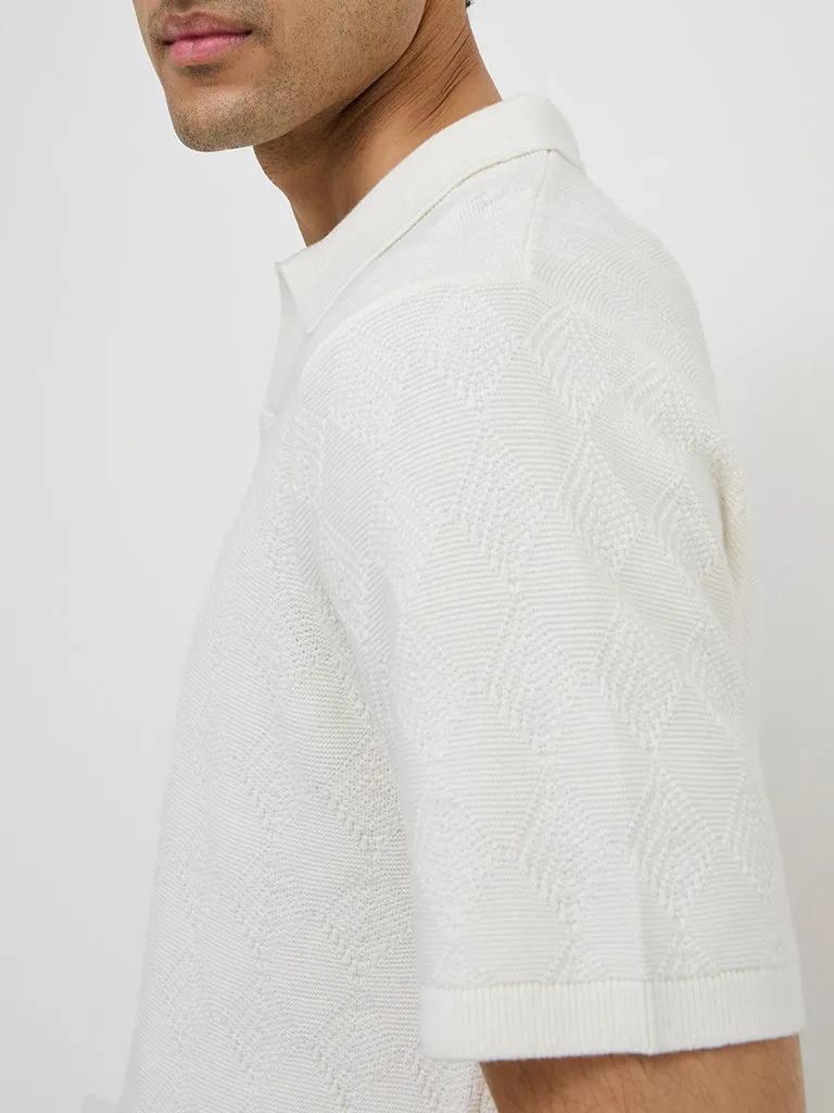 Ascot Off-White Self Relaxed-Fit Cotton Polo T-Shirt