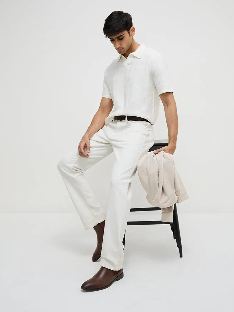 Ascot Off-White Self Relaxed-Fit Cotton Polo T-Shirt