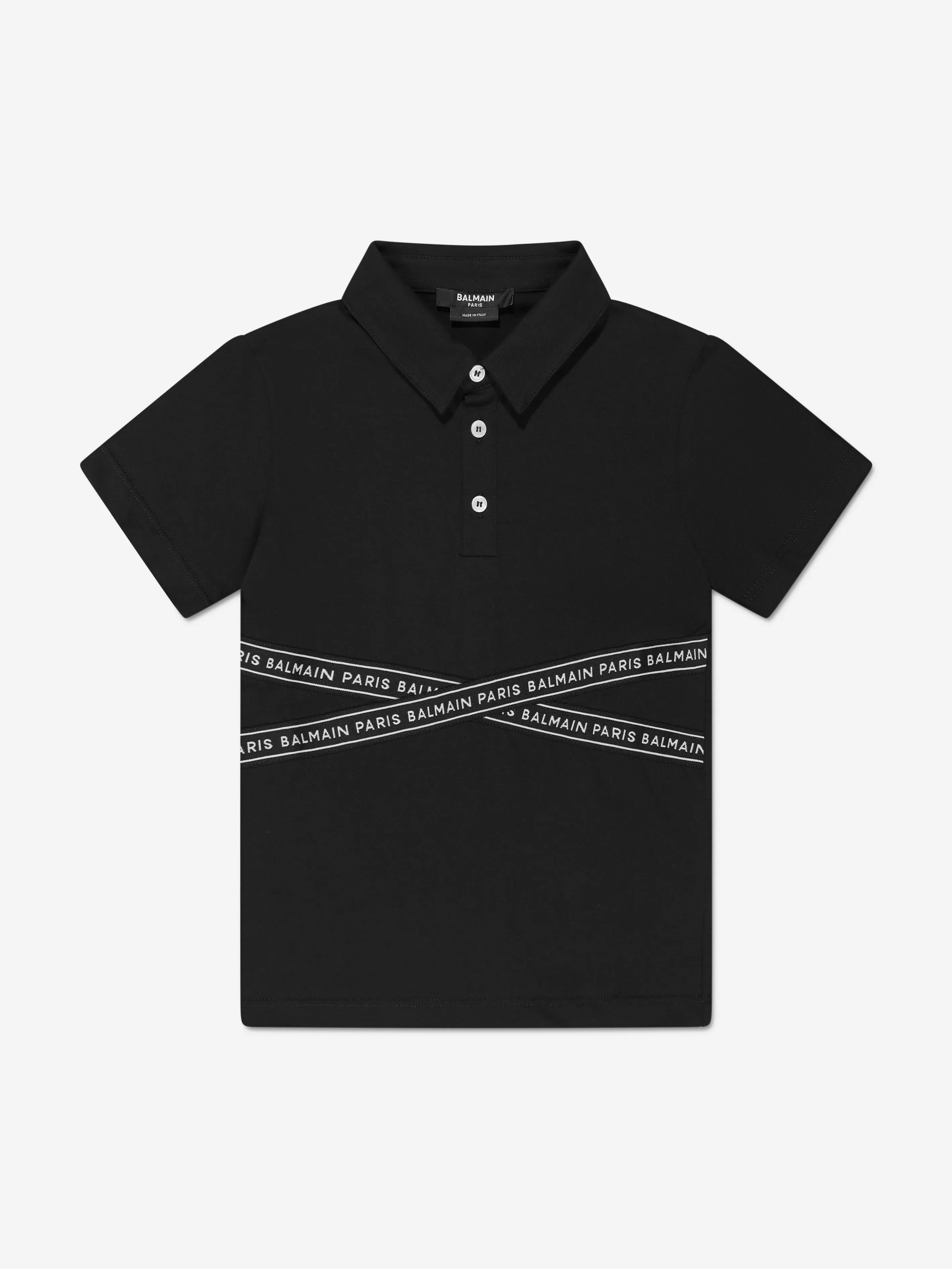 Balmain Boys Logo Tape Polo Shirt in Black