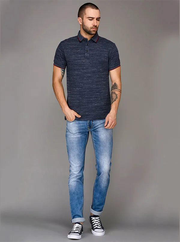 Blue Self Textured Slim Fit Polo T-Shirt | JadeBlue