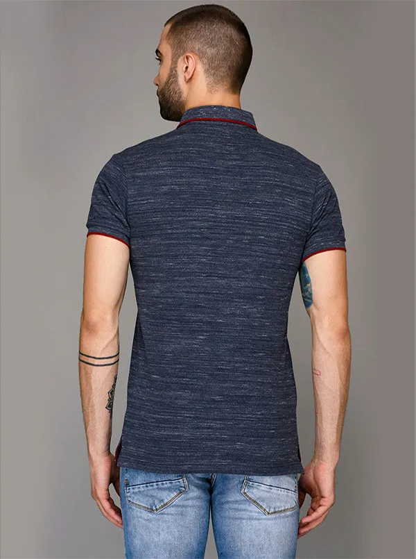 Blue Self Textured Slim Fit Polo T-Shirt | JadeBlue