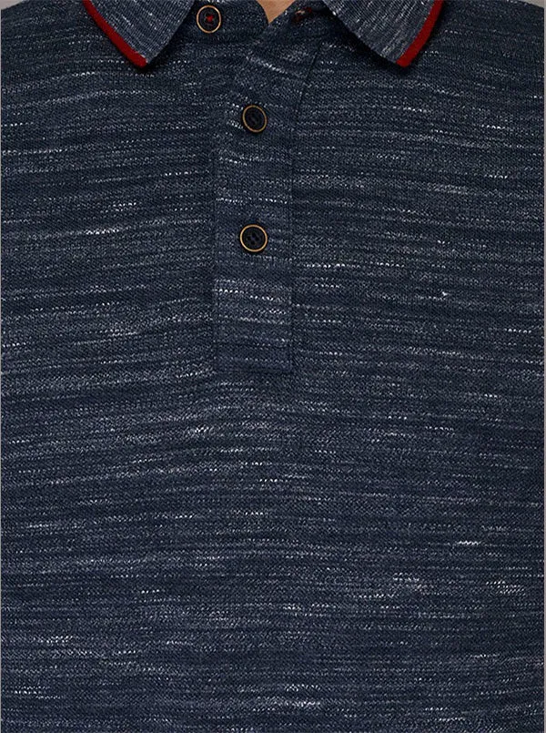 Blue Self Textured Slim Fit Polo T-Shirt | JadeBlue