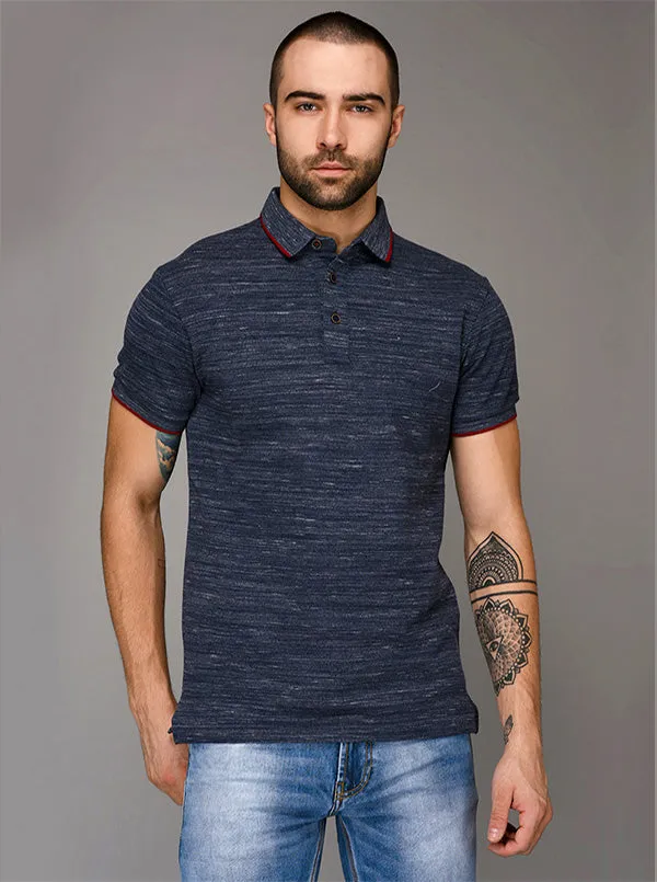 Blue Self Textured Slim Fit Polo T-Shirt | JadeBlue