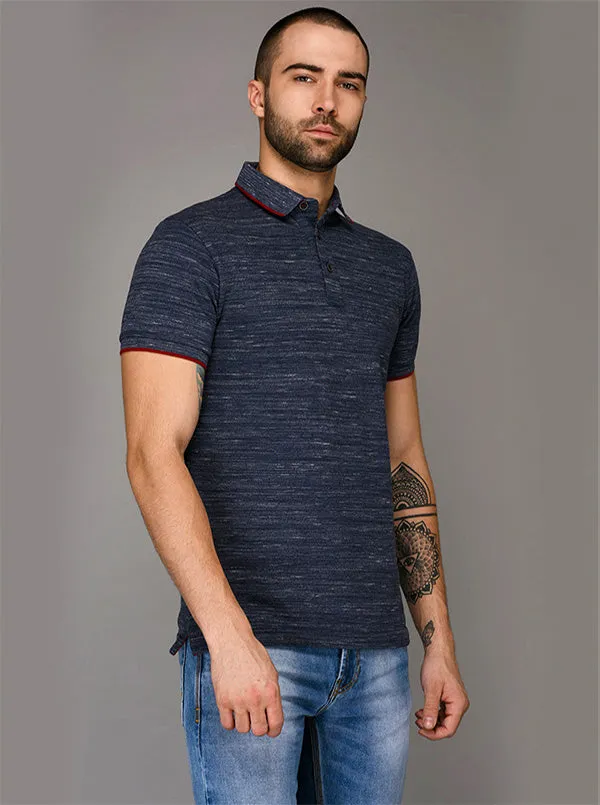 Blue Self Textured Slim Fit Polo T-Shirt | JadeBlue