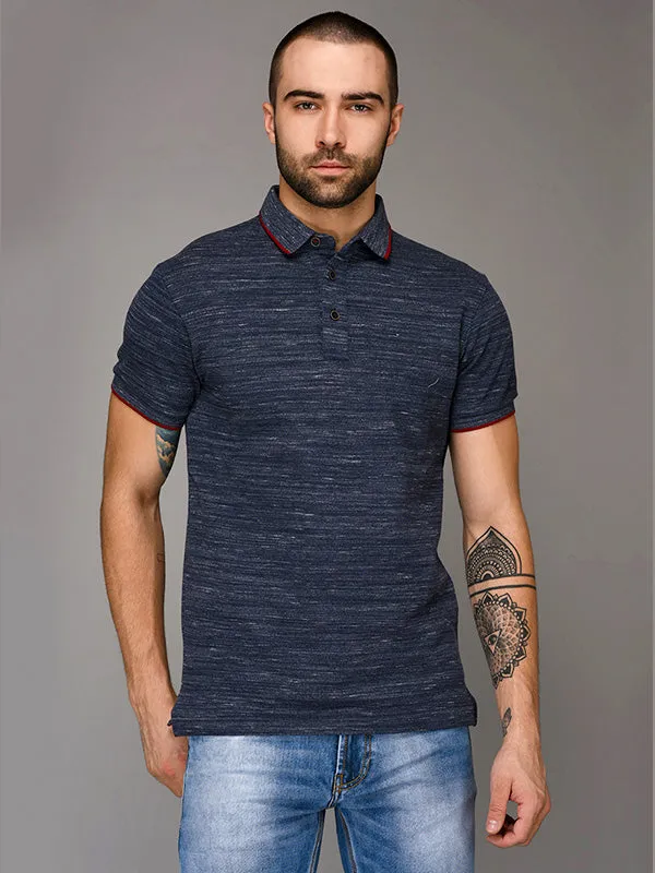 Blue Self Textured Slim Fit Polo T-Shirt | JadeBlue