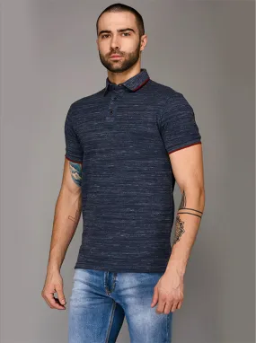 Blue Self Textured Slim Fit Polo T-Shirt | JadeBlue