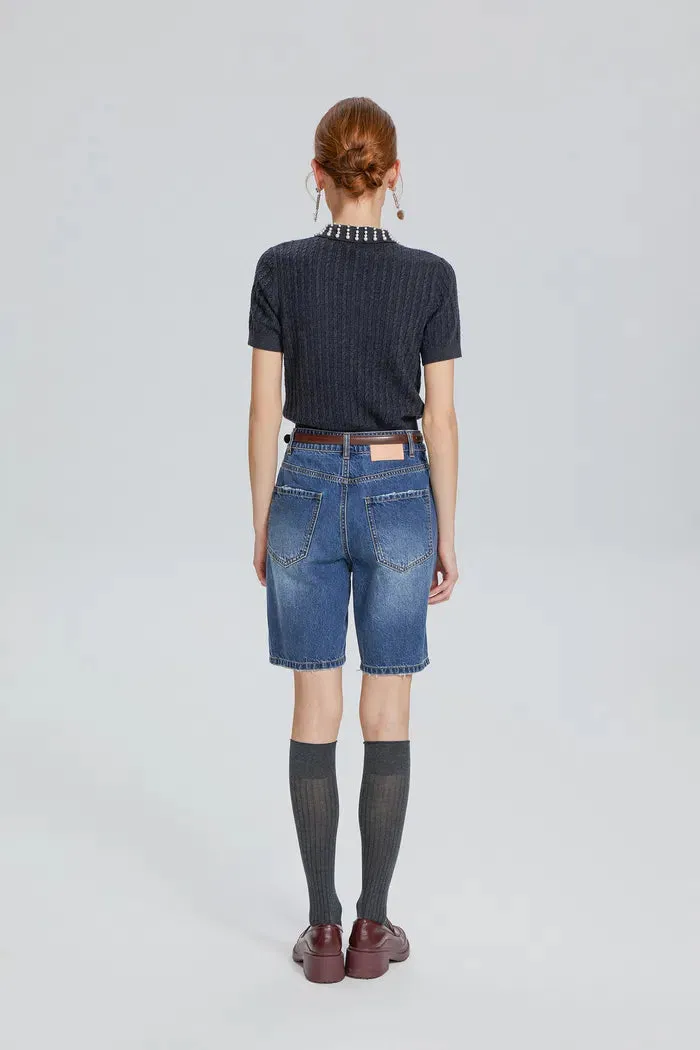 Cassiopea Pearl Embellished Polo Knit Top in Silk Wool Blend