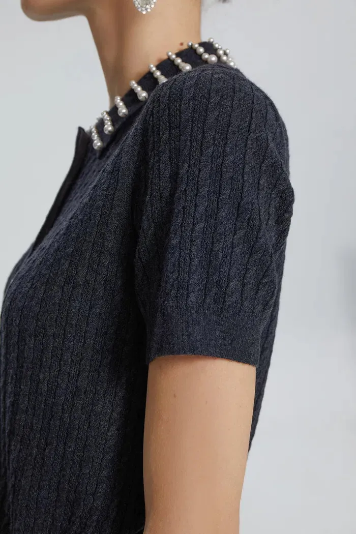 Cassiopea Pearl Embellished Polo Knit Top in Silk Wool Blend