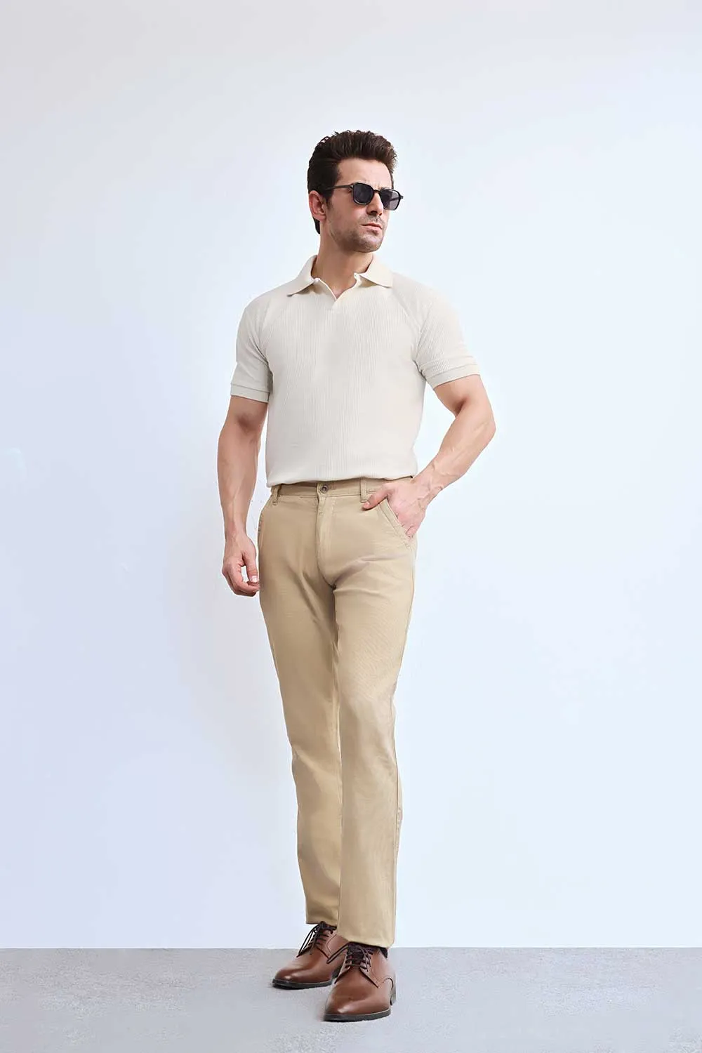 Cream Plisse Johnny Collar Polo