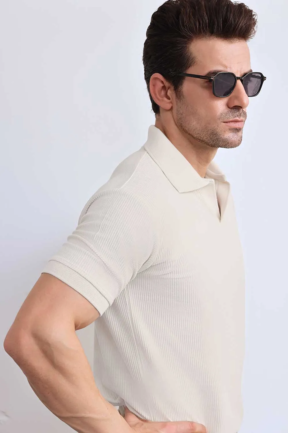 Cream Plisse Johnny Collar Polo