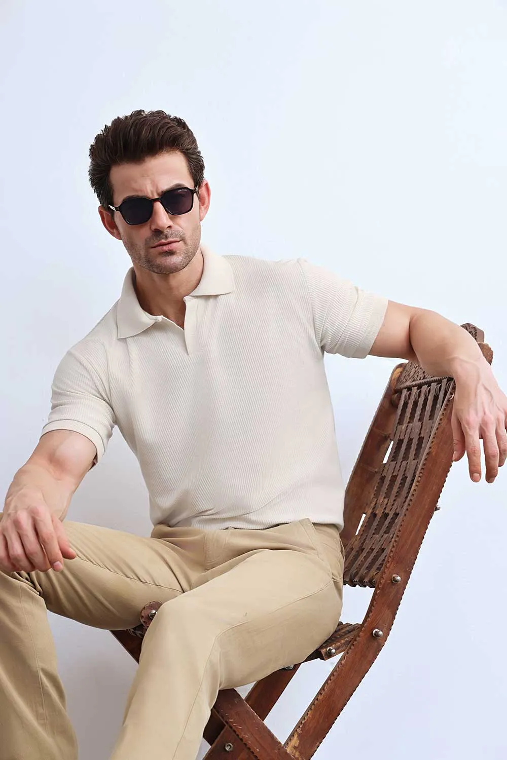Cream Plisse Johnny Collar Polo