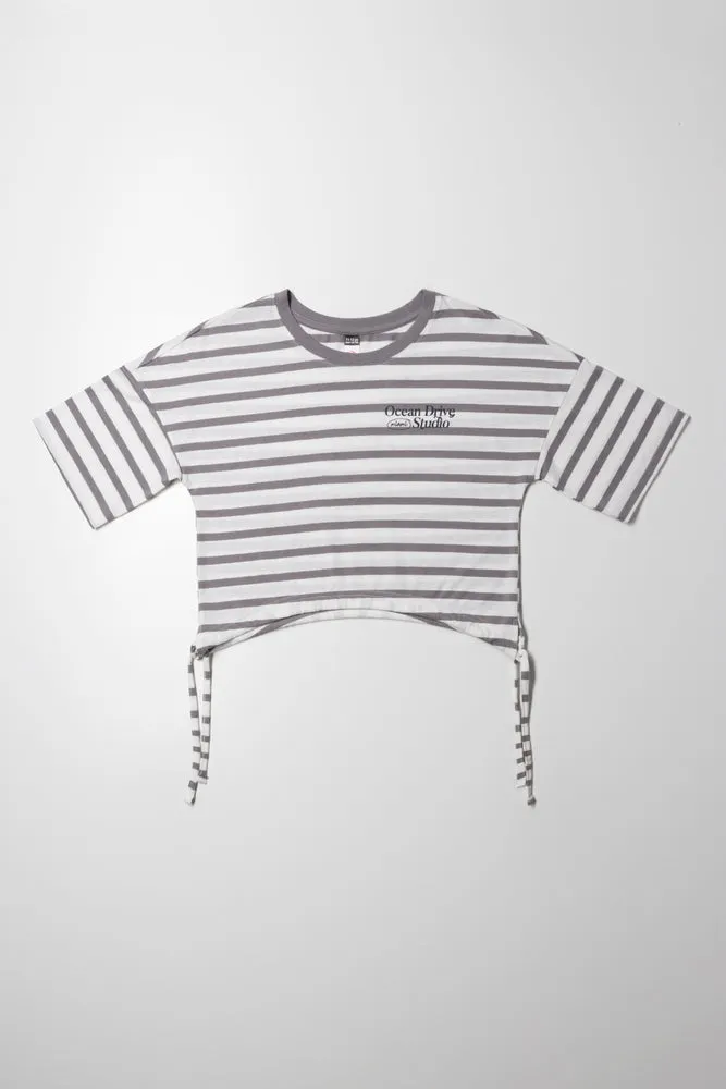 Curved Hem Stripe Short Sleeve T-Shirt Grey