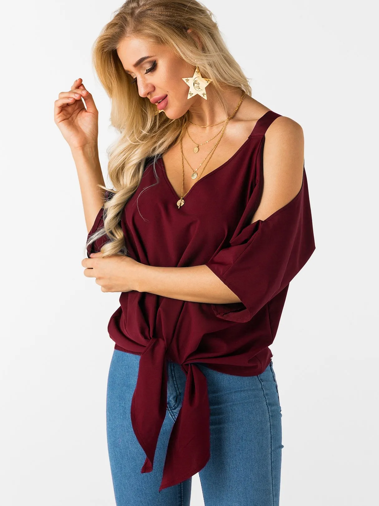 Custom Cold Shoulder Tie-Up 3/4 Sleeve Top