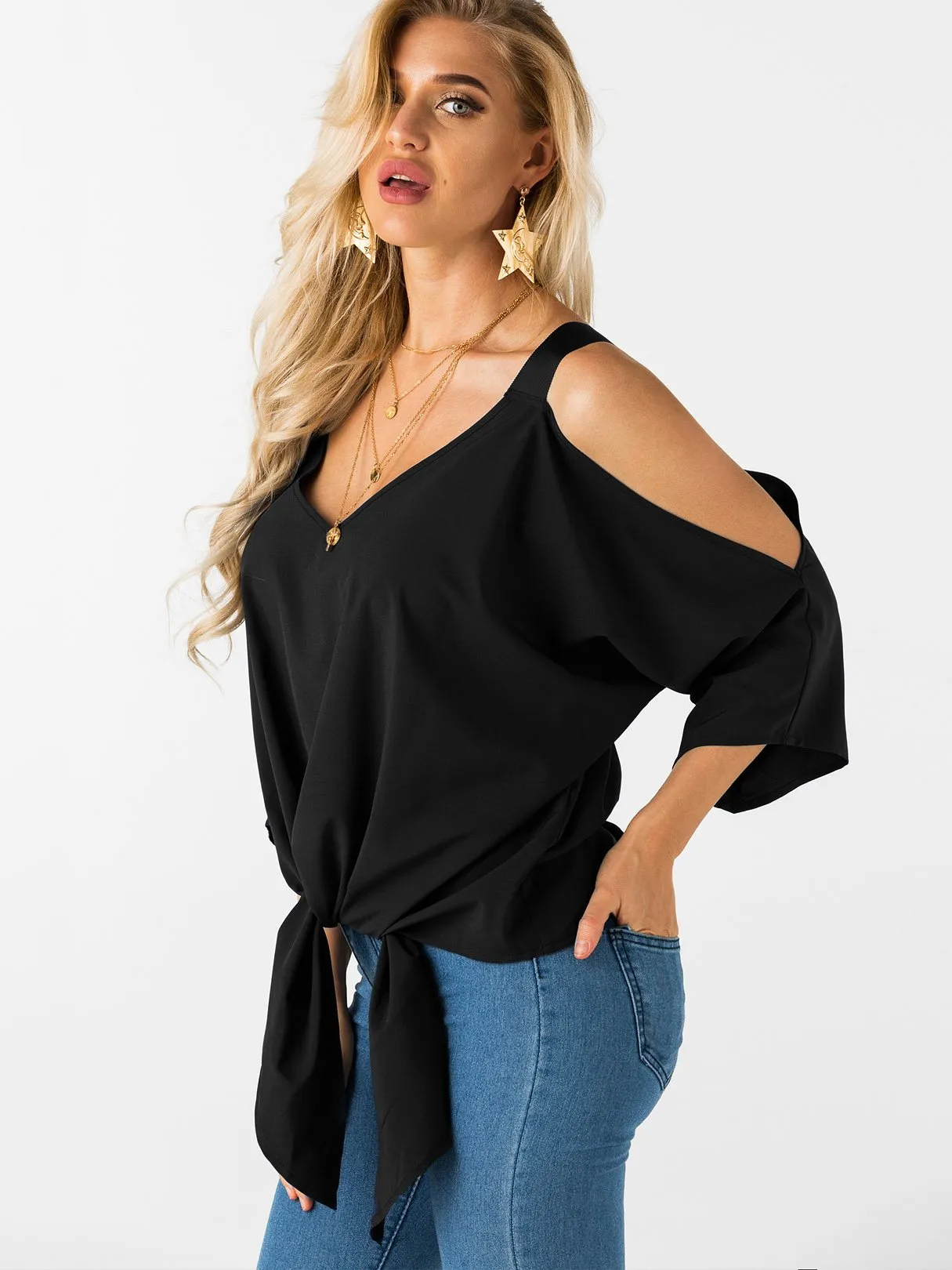 Custom Cold Shoulder Tie-Up 3/4 Sleeve Top