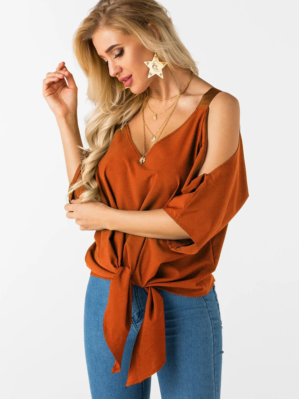Custom Cold Shoulder Tie-Up 3/4 Sleeve Top