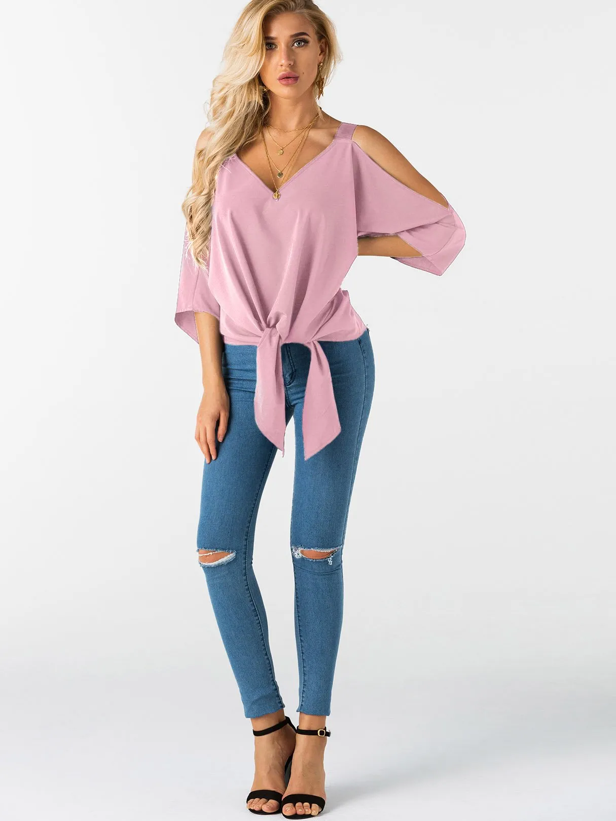 Custom Cold Shoulder Tie-Up 3/4 Sleeve Top
