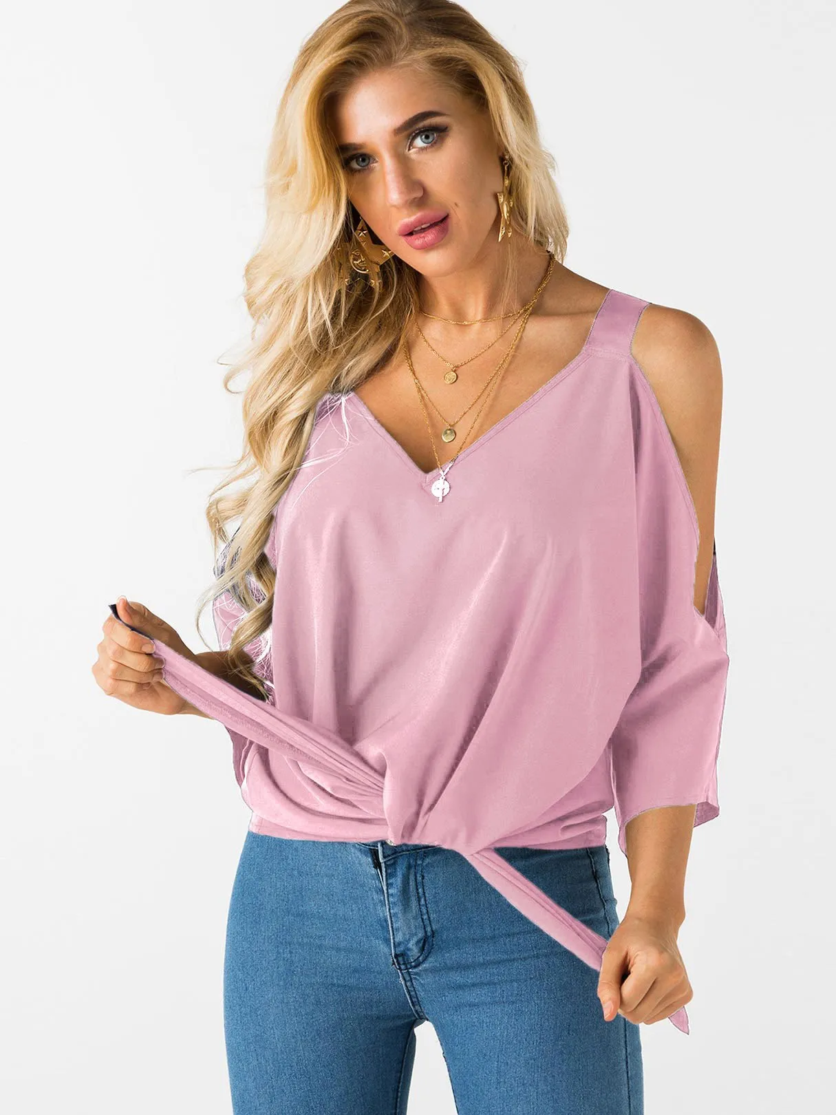 Custom Cold Shoulder Tie-Up 3/4 Sleeve Top