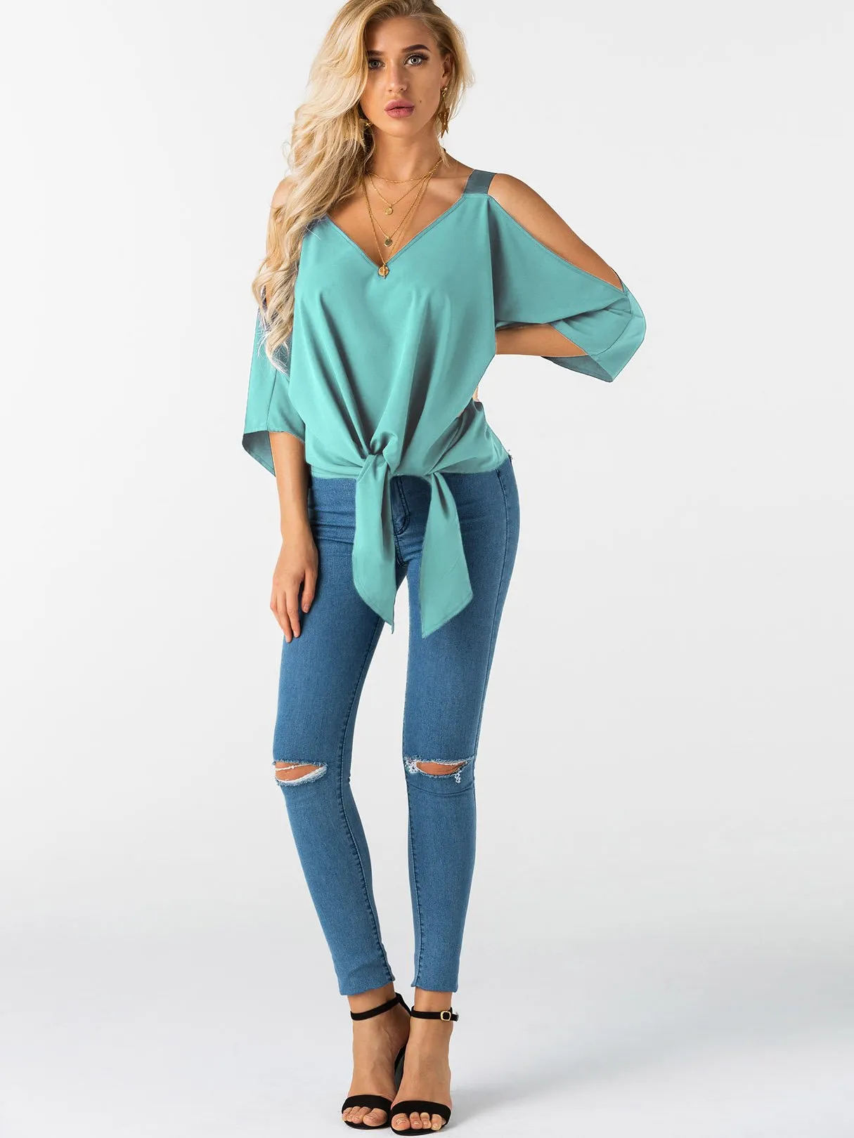 Custom Cold Shoulder Tie-Up 3/4 Sleeve Top