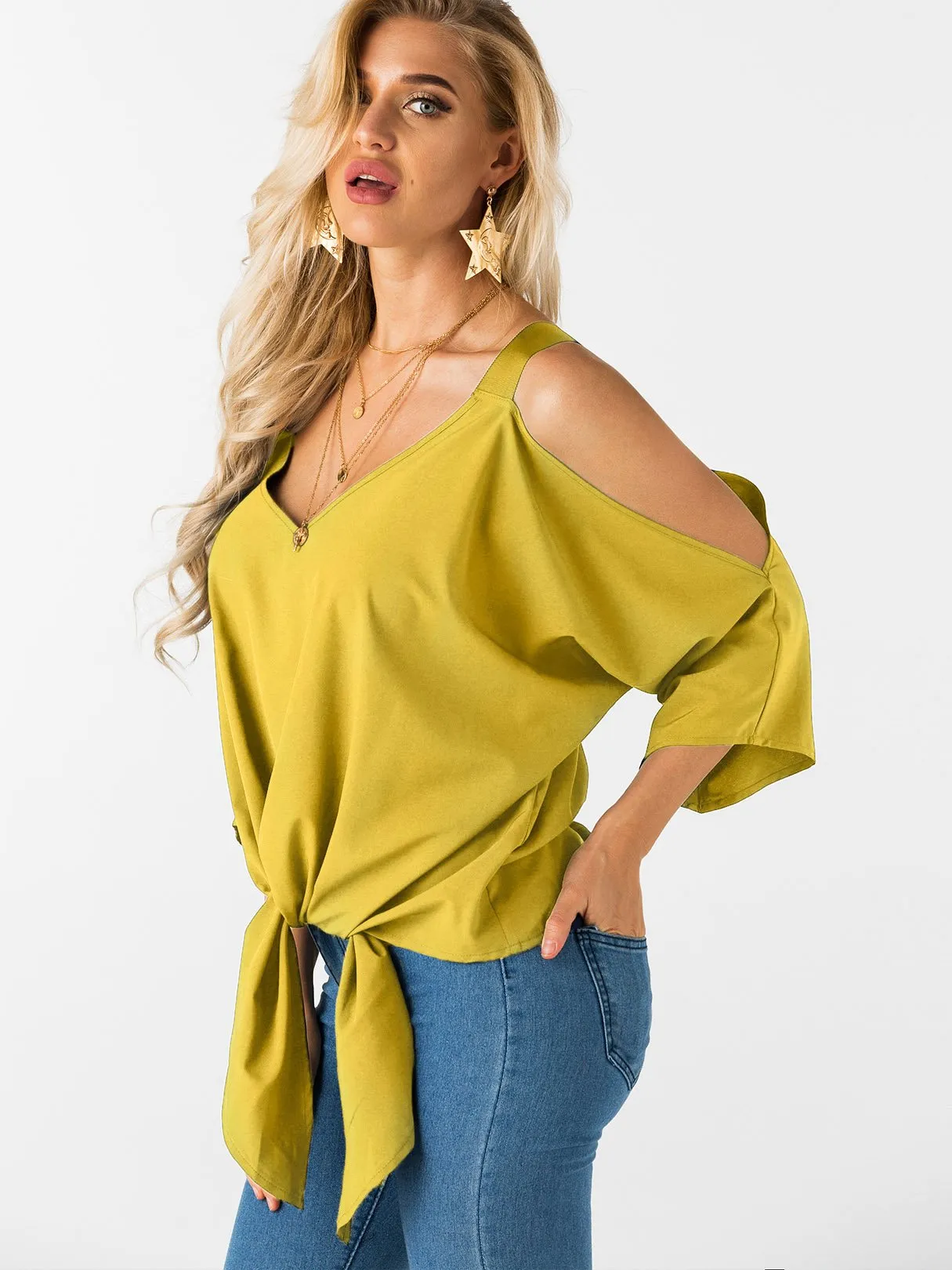 Custom Cold Shoulder Tie-Up 3/4 Sleeve Top