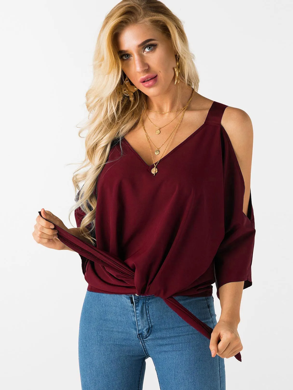 Custom Cold Shoulder Tie-Up 3/4 Sleeve Top