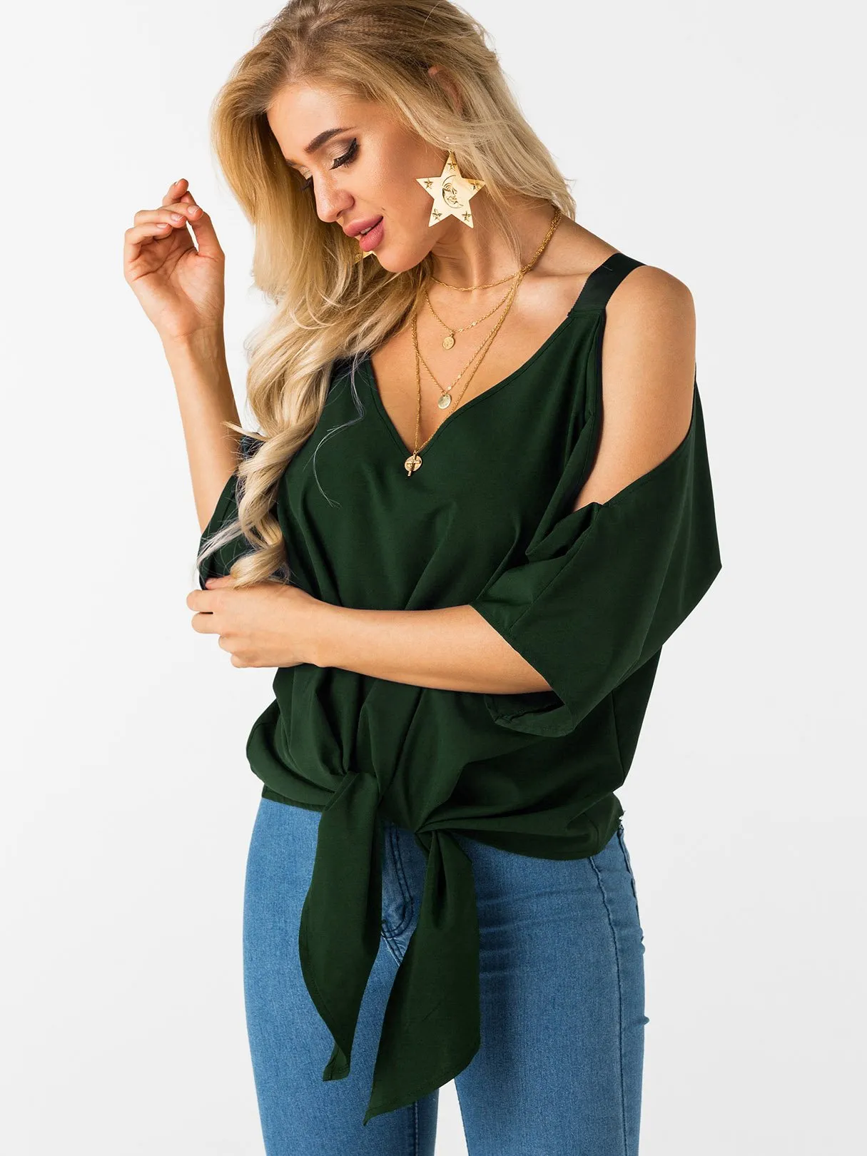 Custom Cold Shoulder Tie-Up 3/4 Sleeve Top