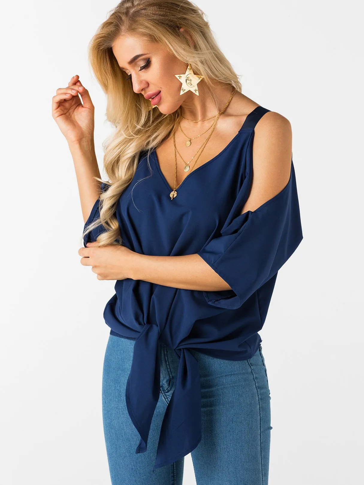 Custom Cold Shoulder Tie-Up 3/4 Sleeve Top