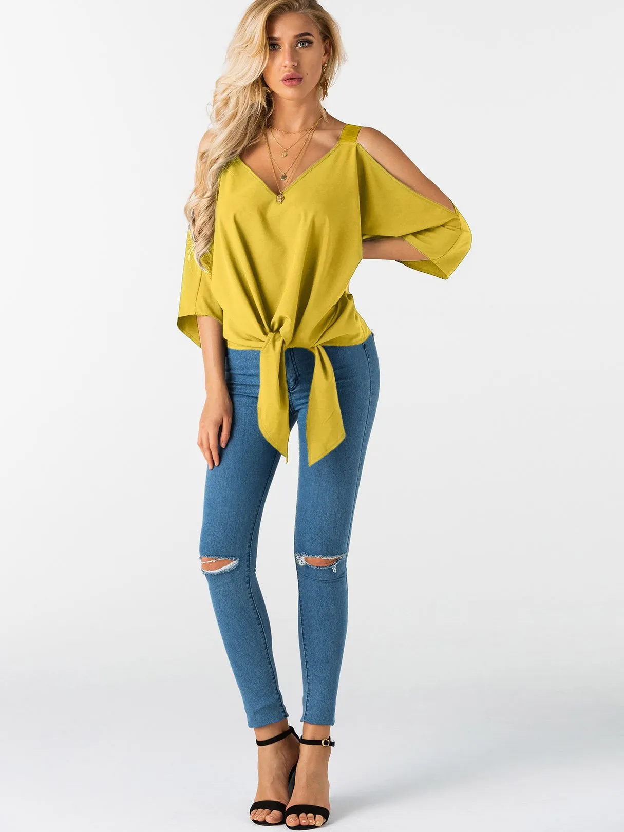 Custom Cold Shoulder Tie-Up 3/4 Sleeve Top