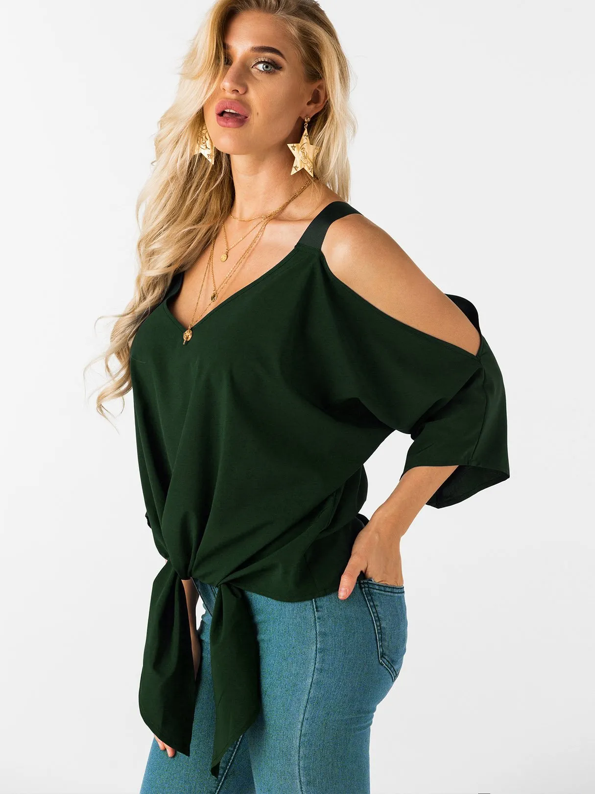 Custom Cold Shoulder Tie-Up 3/4 Sleeve Top