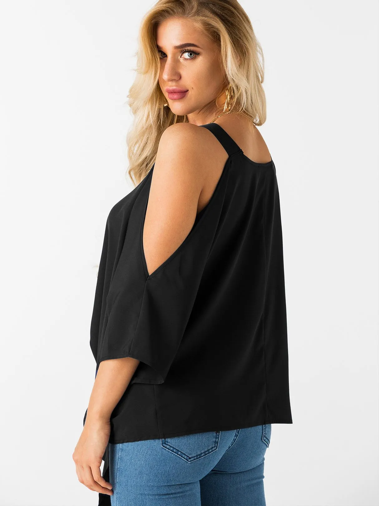 Custom Cold Shoulder Tie-Up 3/4 Sleeve Top