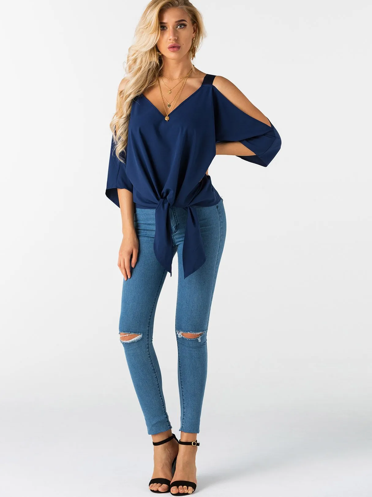 Custom Cold Shoulder Tie-Up 3/4 Sleeve Top