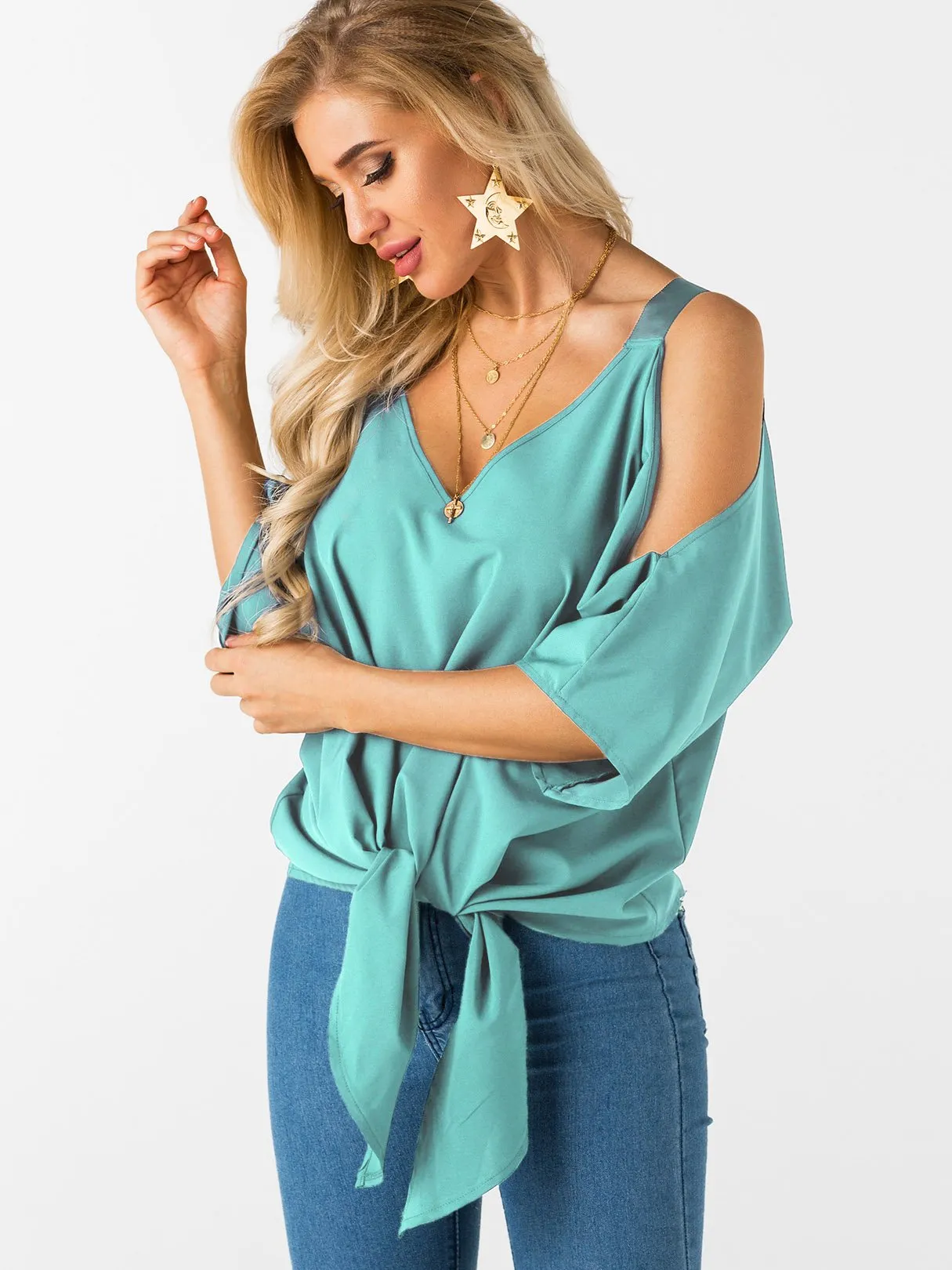 Custom Cold Shoulder Tie-Up 3/4 Sleeve Top