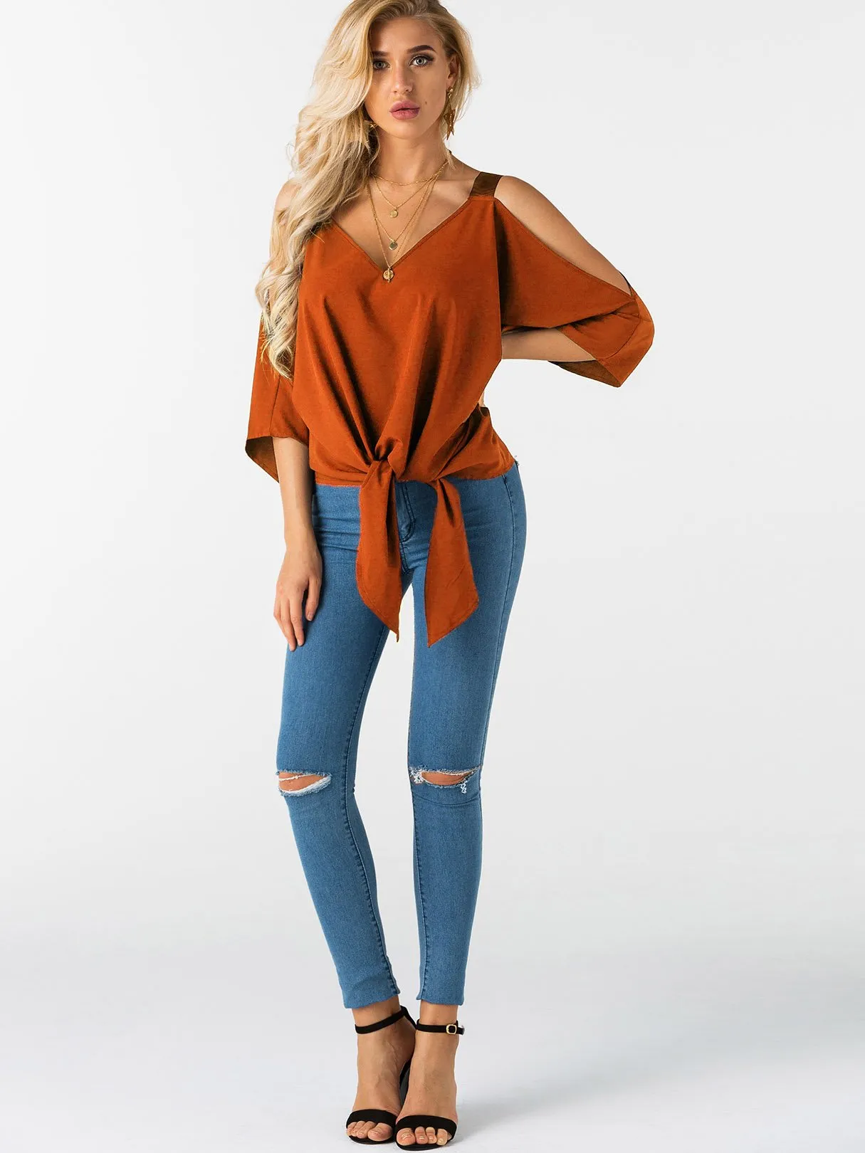 Custom Cold Shoulder Tie-Up 3/4 Sleeve Top