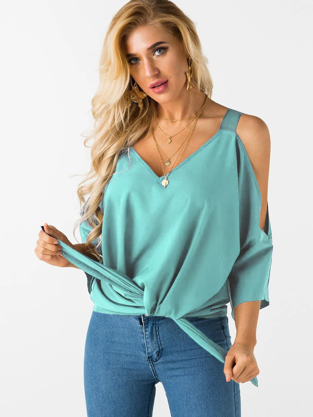 Custom Cold Shoulder Tie-Up 3/4 Sleeve Top
