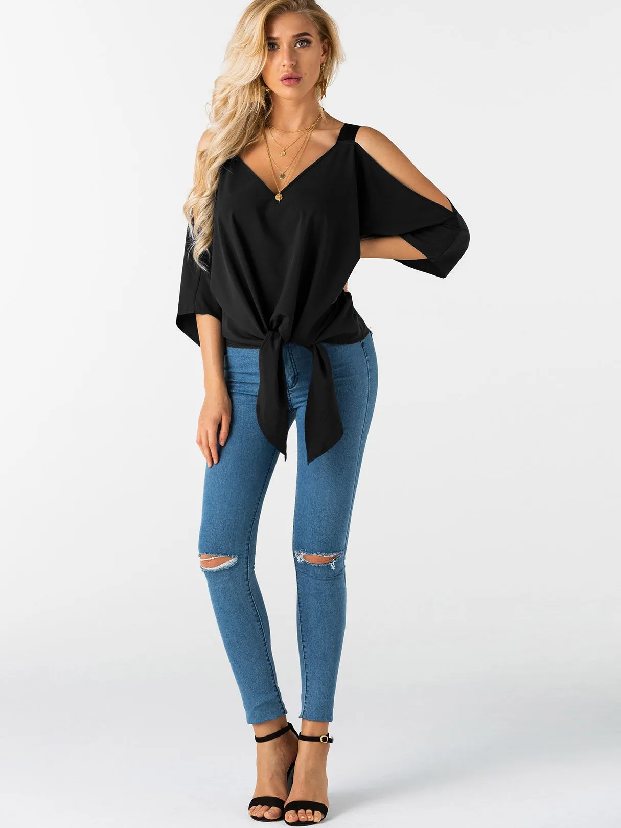 Custom Cold Shoulder Tie-Up 3/4 Sleeve Top