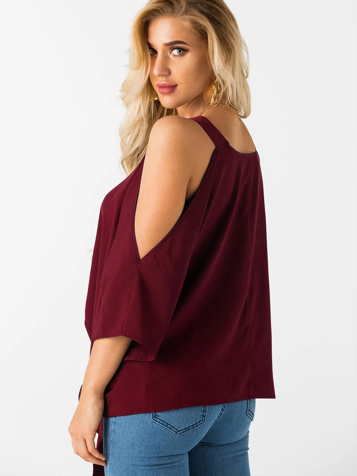Custom Cold Shoulder Tie-Up 3/4 Sleeve Top