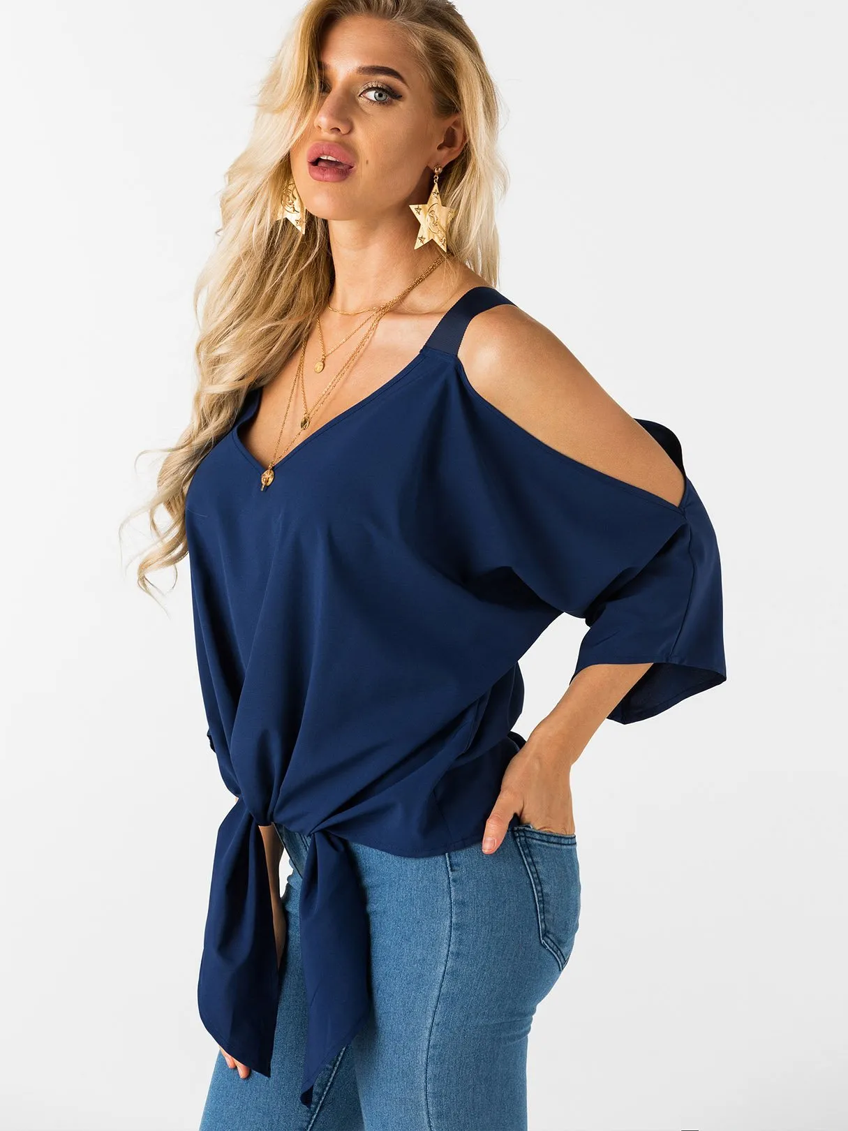 Custom Cold Shoulder Tie-Up 3/4 Sleeve Top
