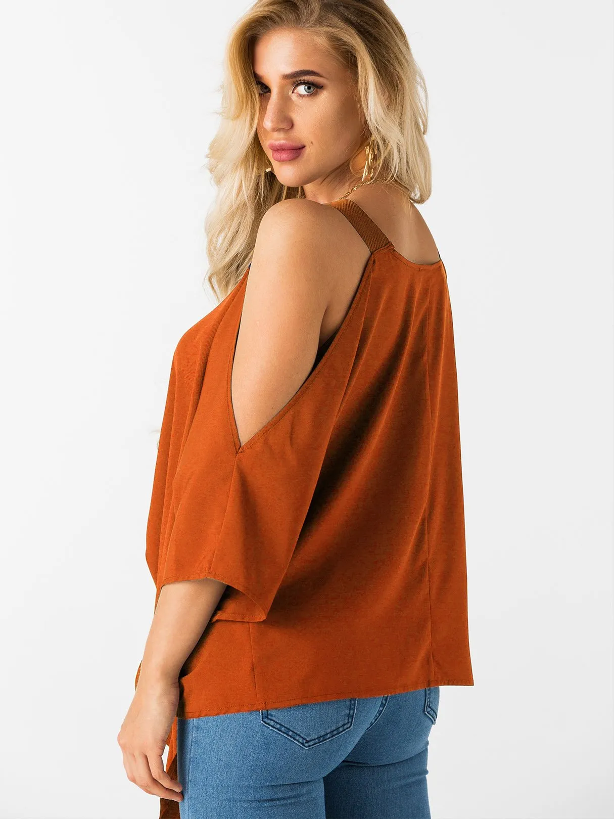 Custom Cold Shoulder Tie-Up 3/4 Sleeve Top