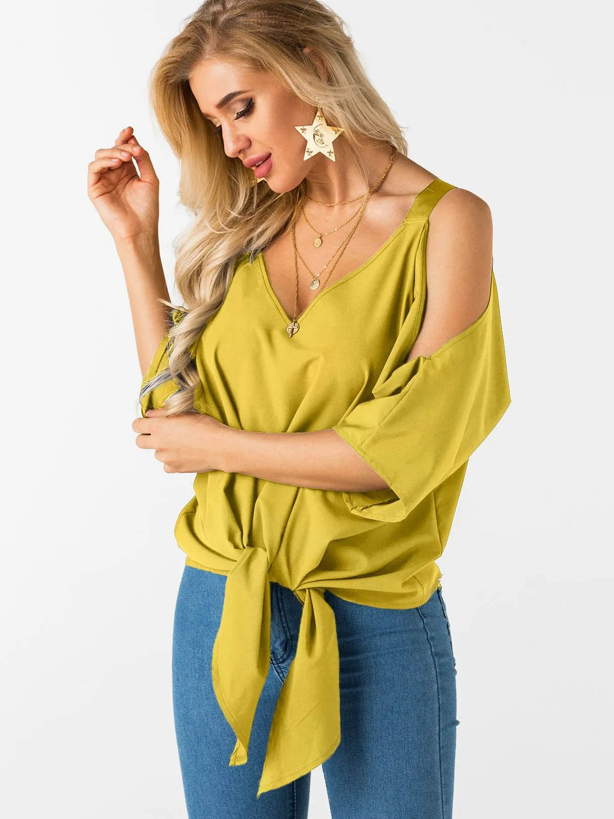 Custom Cold Shoulder Tie-Up 3/4 Sleeve Top