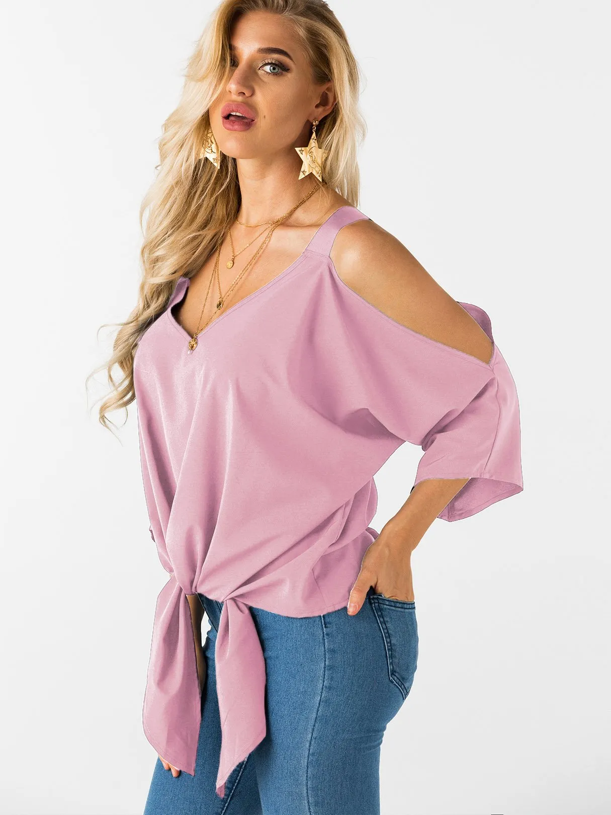 Custom Cold Shoulder Tie-Up 3/4 Sleeve Top