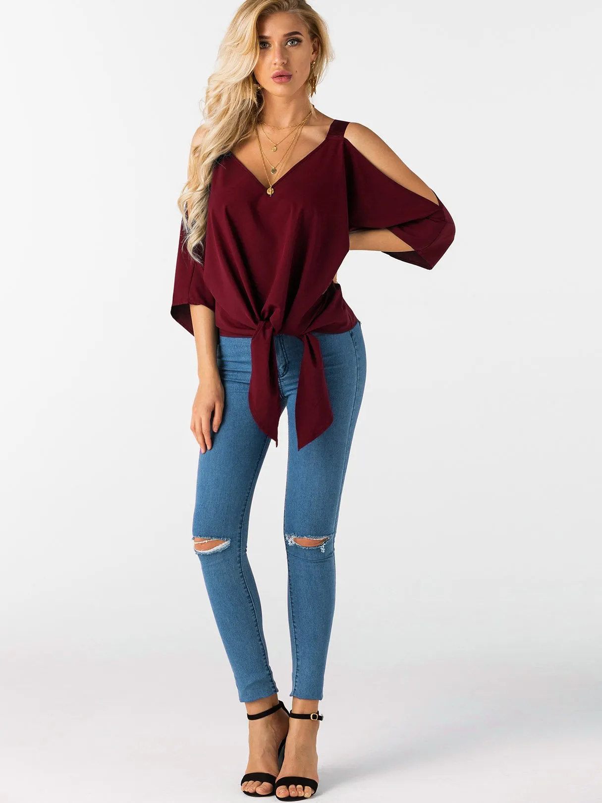 Custom Cold Shoulder Tie-Up 3/4 Sleeve Top