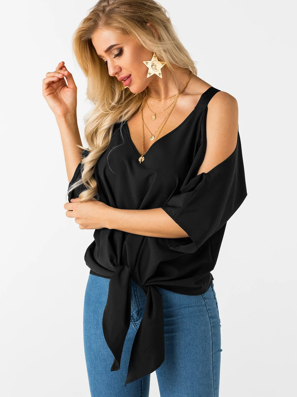 Custom Cold Shoulder Tie-Up 3/4 Sleeve Top