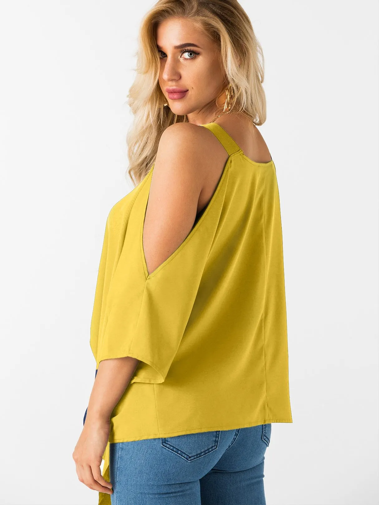 Custom Cold Shoulder Tie-Up 3/4 Sleeve Top