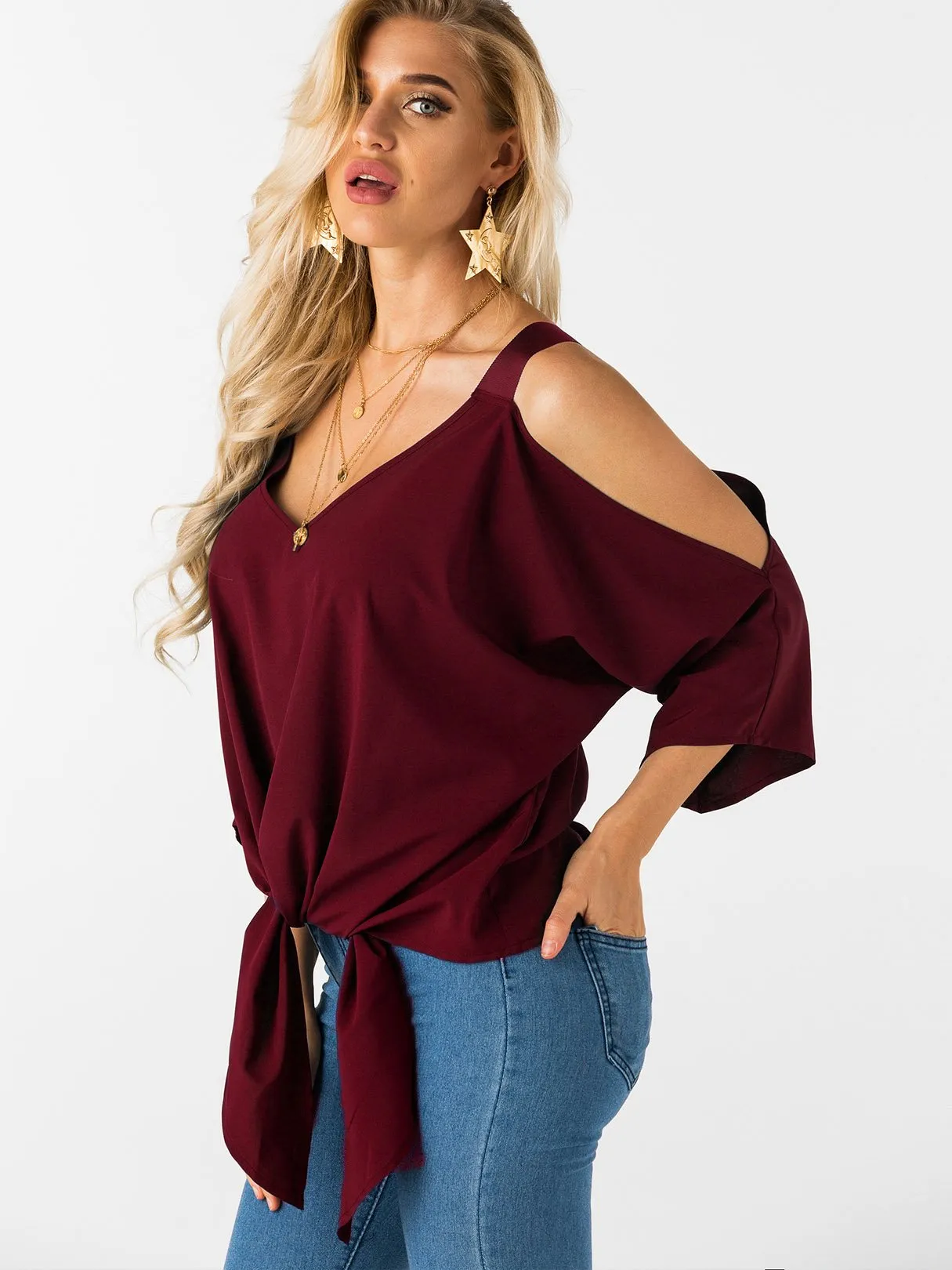 Custom Cold Shoulder Tie-Up 3/4 Sleeve Top
