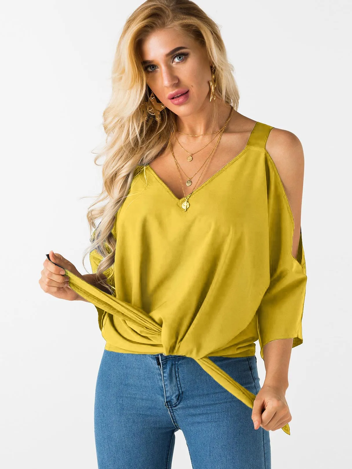 Custom Cold Shoulder Tie-Up 3/4 Sleeve Top
