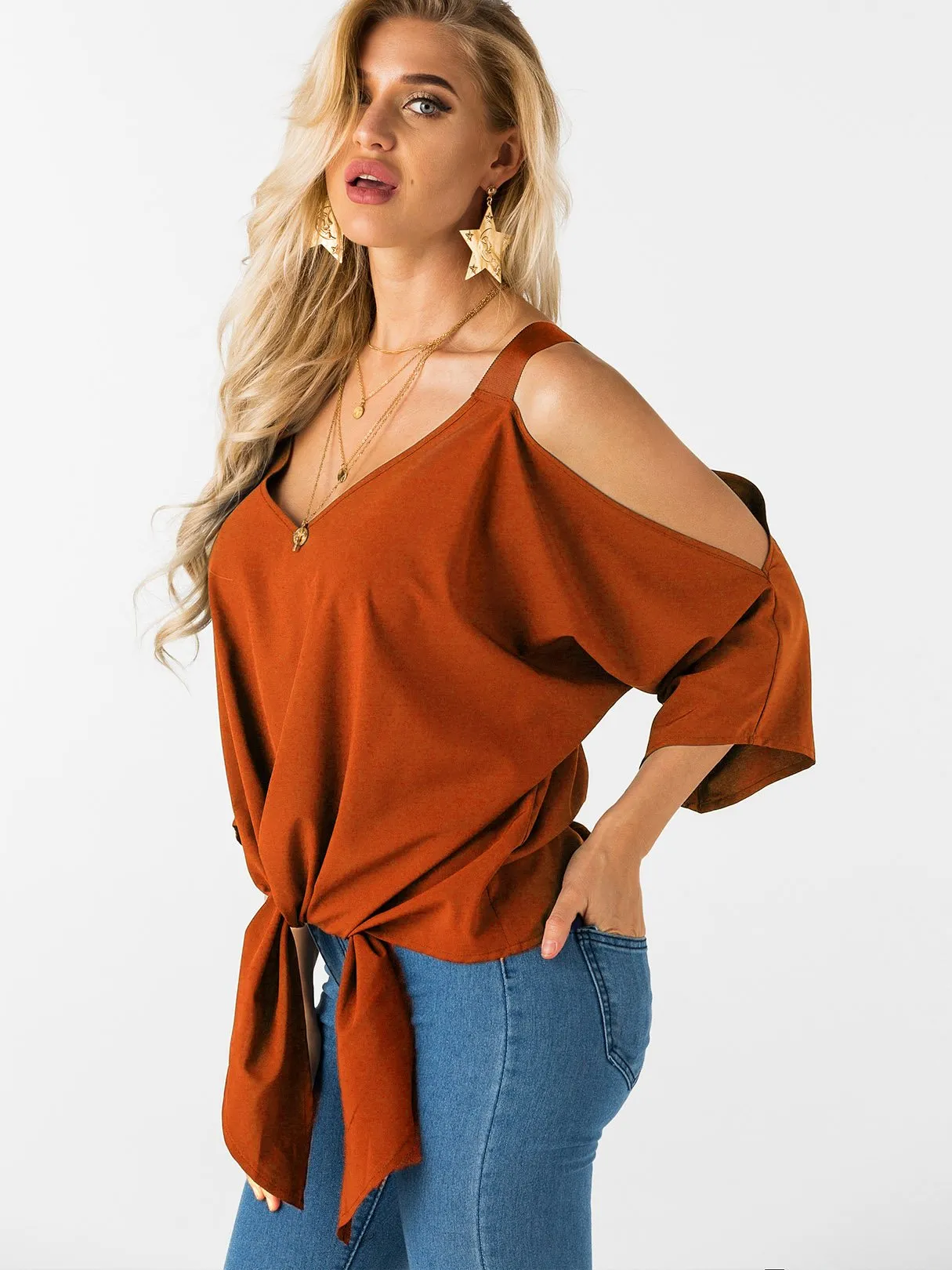 Custom Cold Shoulder Tie-Up 3/4 Sleeve Top