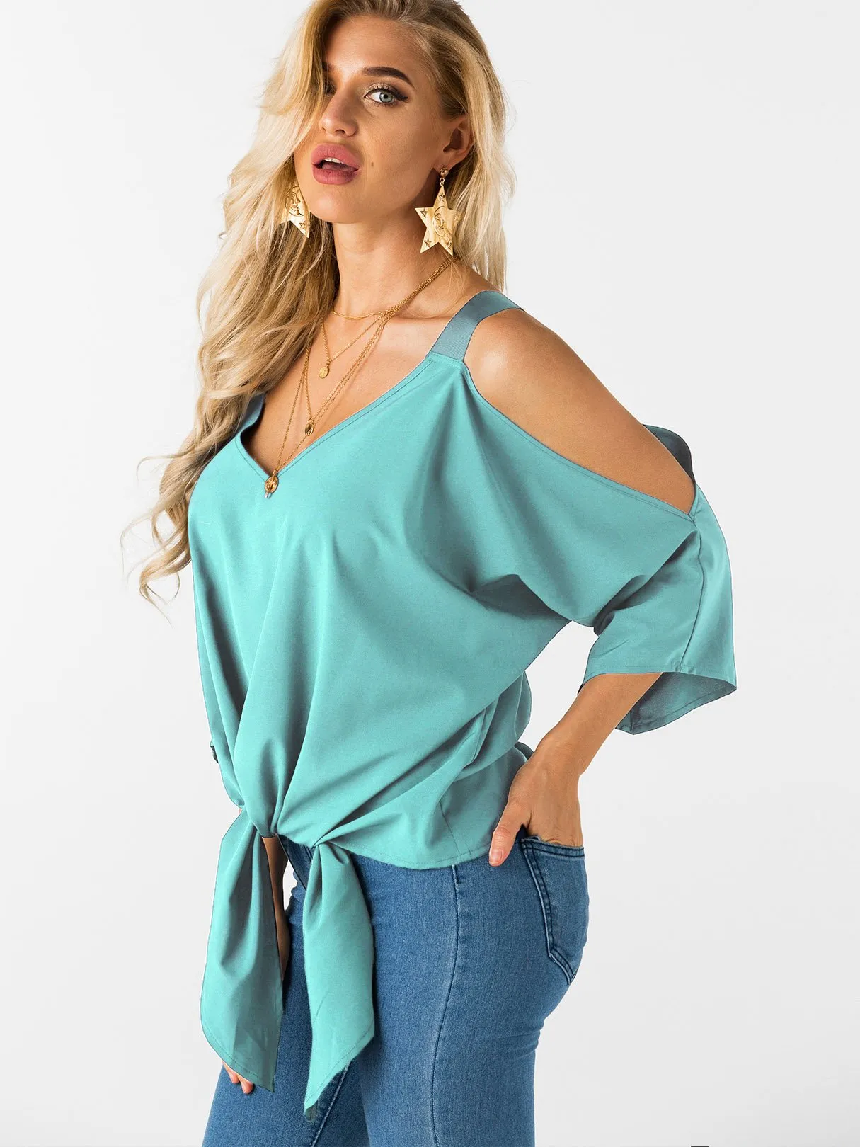 Custom Cold Shoulder Tie-Up 3/4 Sleeve Top