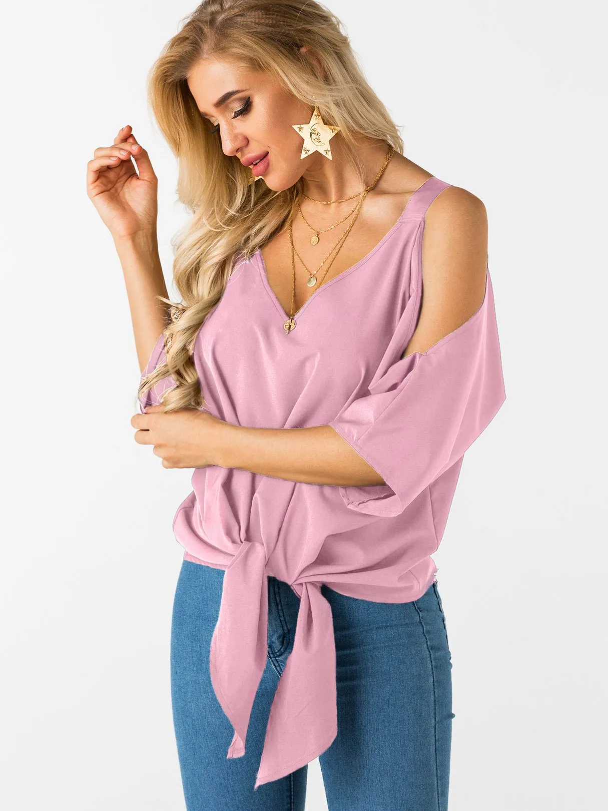 Custom Cold Shoulder Tie-Up 3/4 Sleeve Top