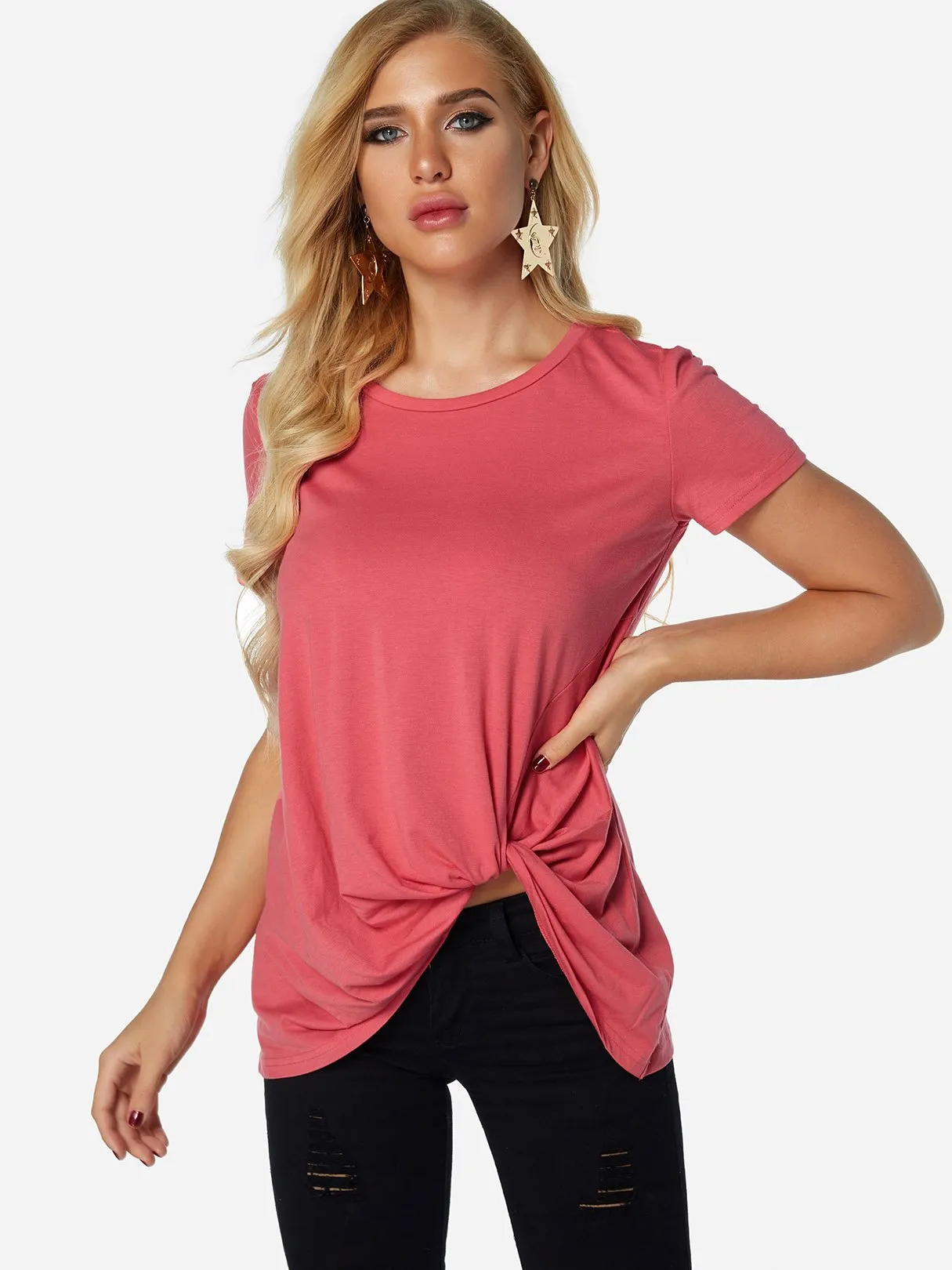 Custom Round Neck Pleated Short Sleeve Irregular Hem T-Shirts