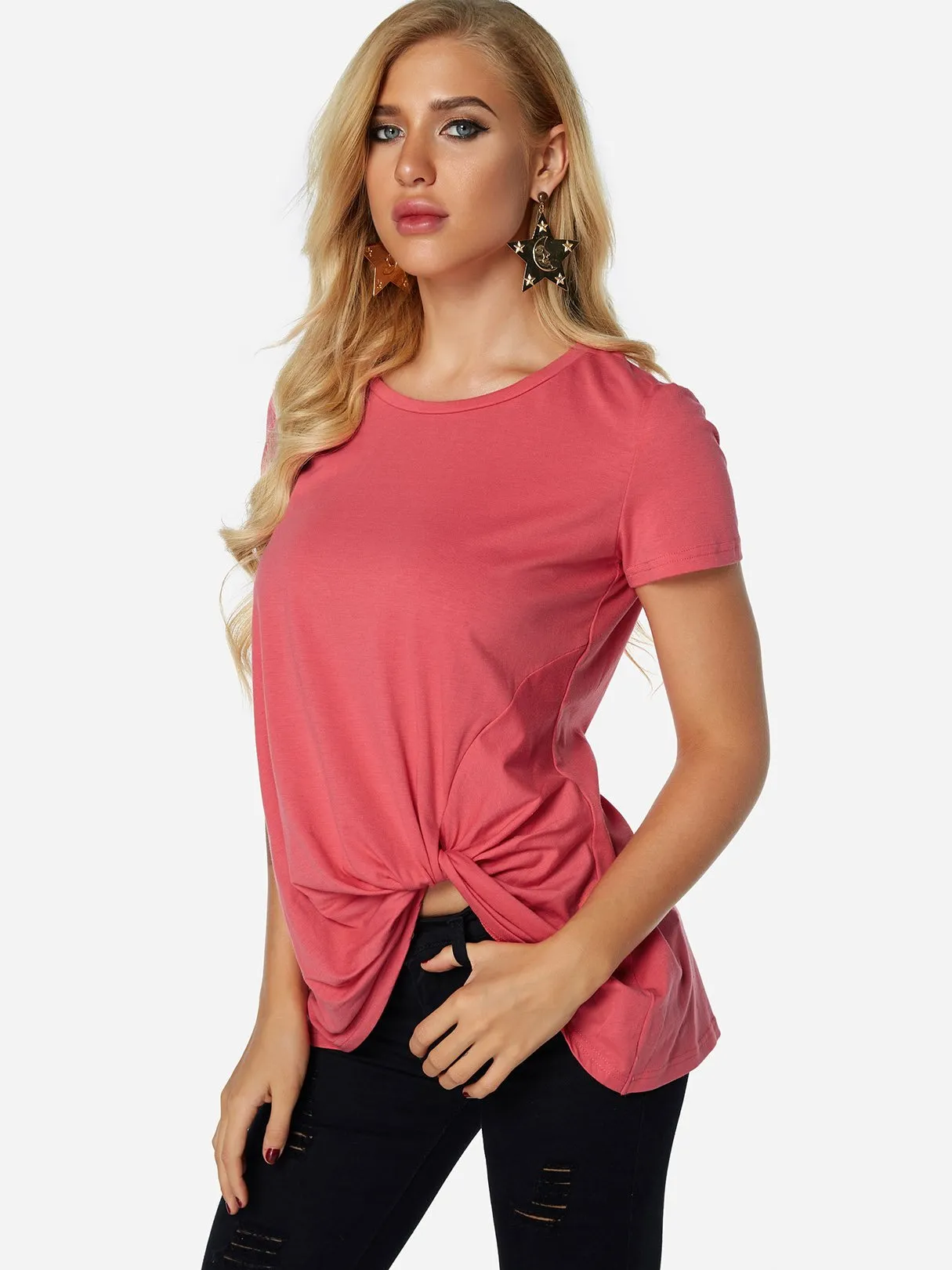 Custom Round Neck Pleated Short Sleeve Irregular Hem T-Shirts